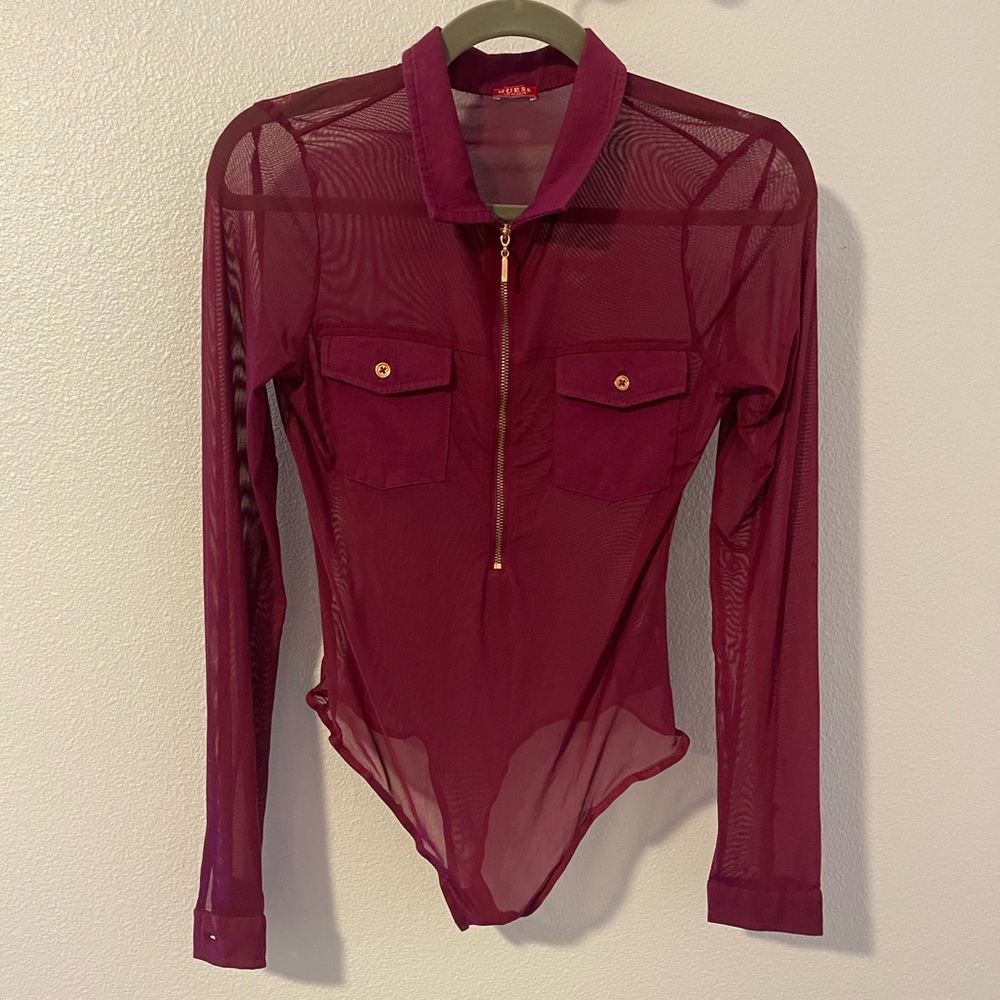 Guess Burgundy Sheer Long Sleeve Bodysuit